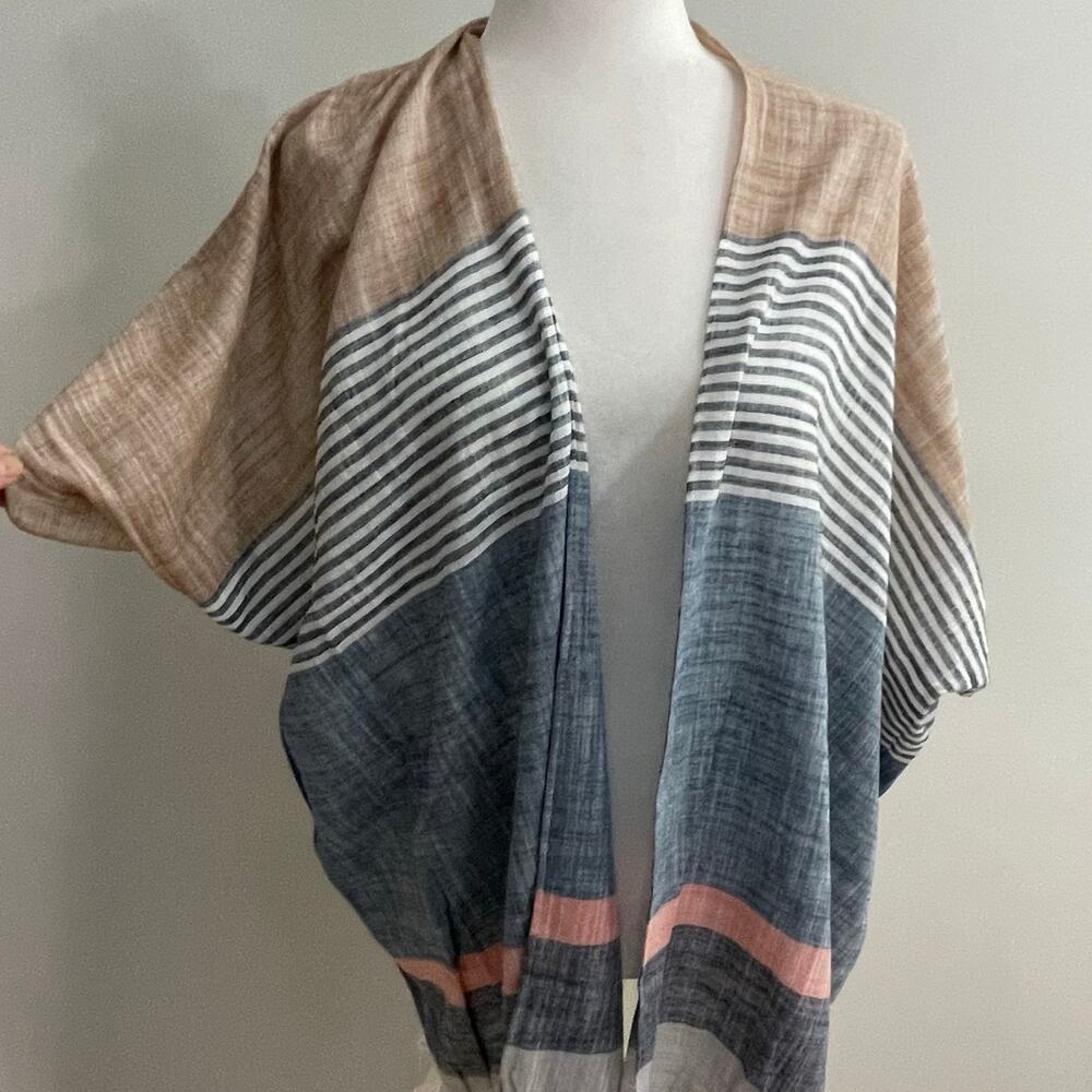 Loft Cotton Kimono Cardigan Boho- Coastal Grandmother Striped Wrap NWT